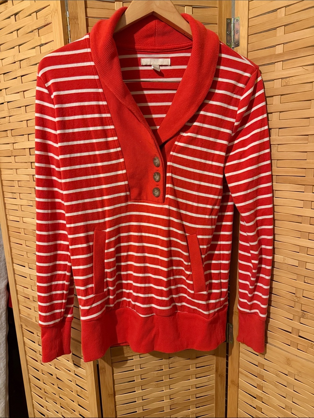 Banana Republic Red and White Striped Shawl-Collar Sweater